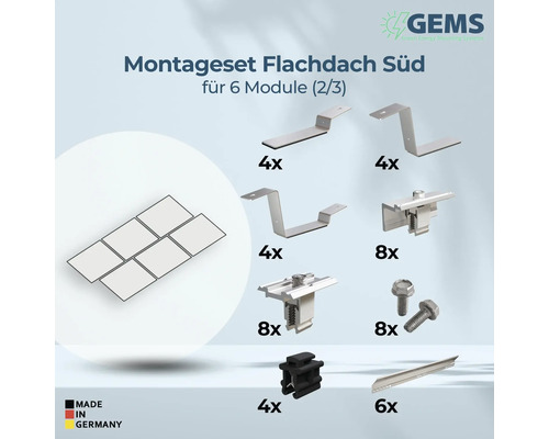 Montageset für Flachdach Süd für sechs Module mit Montagewinkeln, Modulklemmen, Schrauben, Kabelclips und Schienen