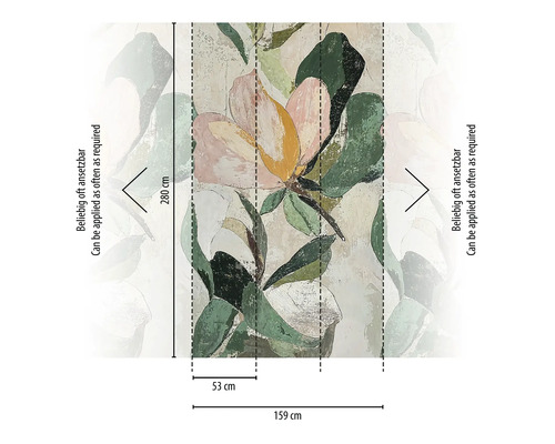 Fototapete mit Blumenmuster und Maßangaben