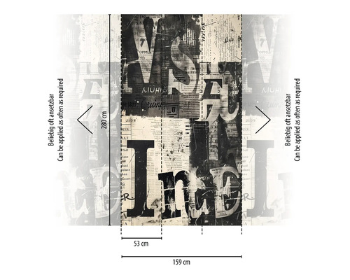 Tapete mit Zeitungsmuster und den Maßen 280 cm x 159 cm