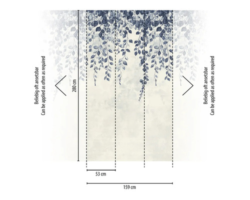 Fototapete mit Blättermotiv und Maßangaben