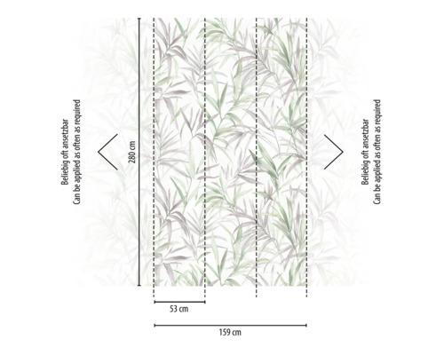 Abbildung einer Tapete mit Blättermuster und Größenangaben