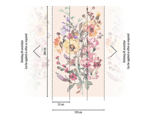 Fototapete mit Blumenmuster und Größenangaben