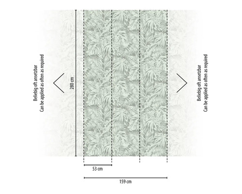 Tapete mit tropischem Blattmuster und Maßangaben