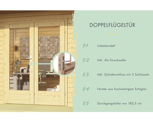 Doppelflügeltür aus Holz, unbehandelt, mit Aluminium-Türschwelle und Zylinderschloss