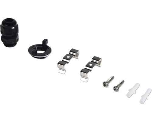Zubehör für Leuchtenmontage, inklusive Kabelverschraubung, Montageclips, Schrauben und Dübel