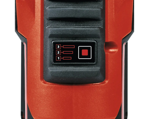 Nahaufnahme einer Werkzeugmaschine mit Anzeige für drei Geschwindigkeitsstufen und Ein/Aus-Schalter.