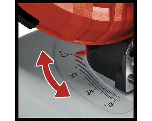 Detailaufnahme einer Gehrungssäge mit Gradeinteilung und Pfeil