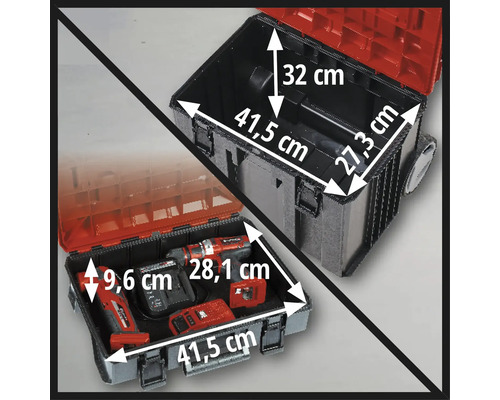 Abbildung eines Werkzeugkoffers mit Abmessungen, der offen und mit Werkzeugen gefüllt dargestellt wird.