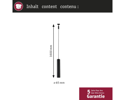 Abmessungen einer Pendelleuchte: 1600 Millimeter Länge, 65 Millimeter Durchmesser und fünf Jahre Garantie