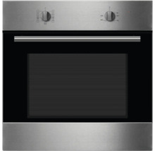 Edelstahl Einbaubackofen mit schwarzer Glastür und Bedienknöpfen
