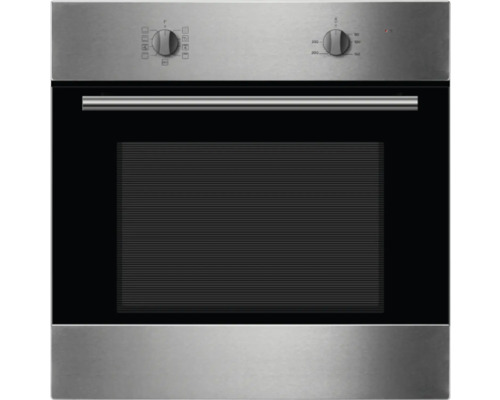 Edelstahl Einbaubackofen mit schwarzer Glastür und Bedienknöpfen