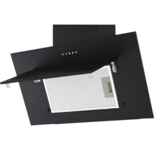 Schwarze Dunstabzugshaube mit geöffneter Klappe und Filter