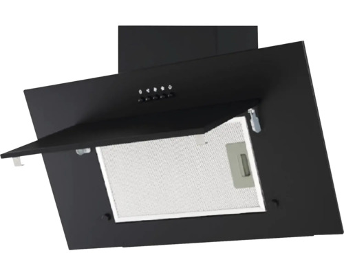 Schwarze Dunstabzugshaube mit geöffneter Klappe und Filter