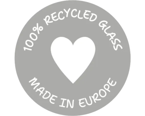 100 Prozent Recyclingglas, hergestellt in Europa Siegel