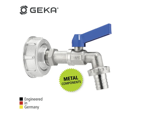 GEKA Wasserhahn mit blauem Griff und Metallkomponenten
