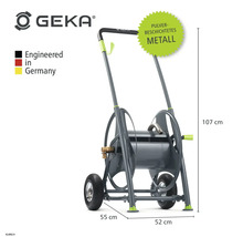 Geka Logo. Schlauchwagen mit Rädern und pulverbeschichtetem Metallgehäuse, Abmessungen 107 x 55 x 52 cm.