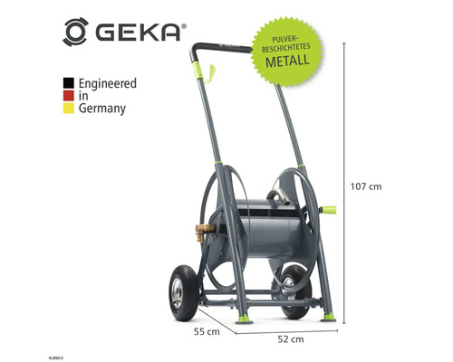 Geka Logo. Schlauchwagen mit Rädern und pulverbeschichtetem Metallgehäuse, Abmessungen 107 x 55 x 52 cm.