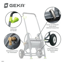 Detailansicht eines Schlauchwagens mit Gerätehalterung, Trinkwasser-Winkeldreharmatur, Edelstahl-Zulaufrohr und luftgefüllten Reifen