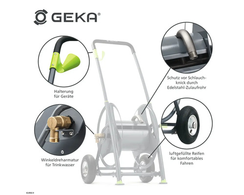 Detailansicht eines Schlauchwagens mit Gerätehalterung, Trinkwasser-Winkeldreharmatur, Edelstahl-Zulaufrohr und luftgefüllten Reifen