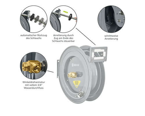 Gartenschlauchaufroller mit automatischem Rückzug, Winkelgelenk und stufenweiser Arretierung