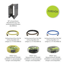 Auswahl an Gartenschlauch-Zubehör: Schwenkbare Wandhalterung, Schlauchanschluss-Sets und GEKA plus Wasserschläuche in verschiedenen Längen