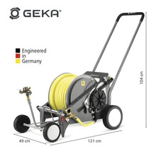 Geka Schlauchwagen mit gelbem Gartenschlauch und Abmessungen