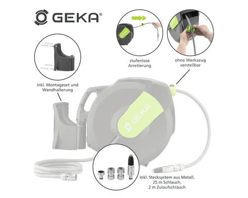 Geka Schlauchbox mit 25 Meter Schlauch und 2 Meter Zulaufschlauch sowie Wandhalterung und Montageset