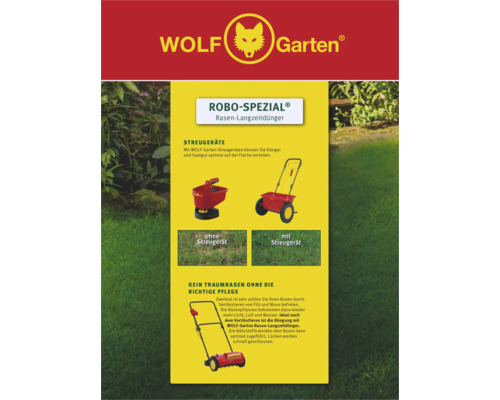 Wolf Garten Robo-Spezial Rasen-Langzeitdünger mit Streugeräten und Vertikutierer zur Rasenpflege