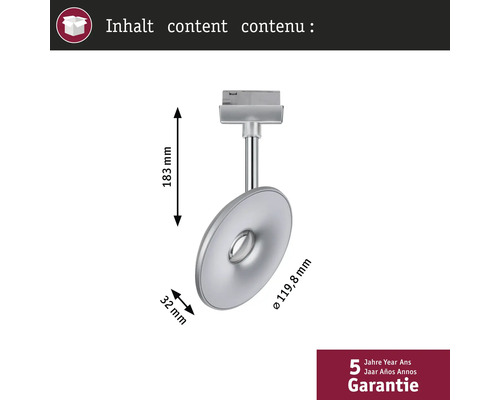Abbildung einer einzelnen silberfarbenen Deckenleuchte mit den Maßangaben 183 Millimeter Höhe und 119,8 Millimeter Durchmesser sowie dem Garantiehinweis von 5 Jahren