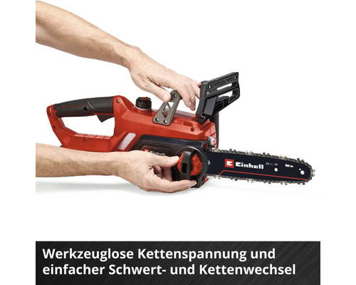 Einhell Kettensäge mit werkzeugloser Kettenspannung und einfachem Schwert- und Kettenwechsel in der Hand