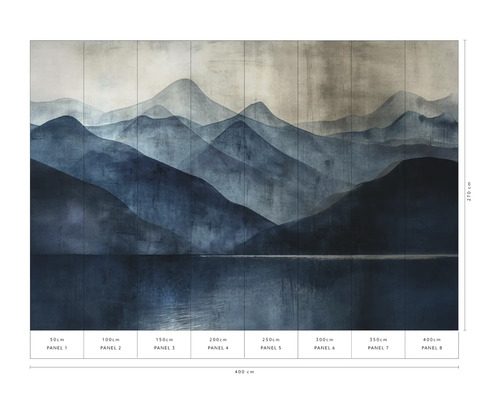 Fototapete mit Berg- und See-Motiv, bestehend aus acht Paneelen, Gesamtgröße 400 cm x 270 cm