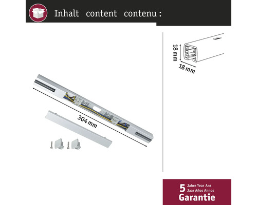 Abbildung einer 304 mm langen Leuchte mit Zubehör und einer fünfjährigen Garantie