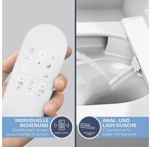 Nahaufnahme einer Toilette mit Bidetfunktion und einer Fernbedienung zur Steuerung der Duschfunktionen