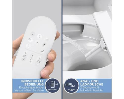 Nahaufnahme einer Toilette mit Bidetfunktion und einer Fernbedienung zur Steuerung der Duschfunktionen