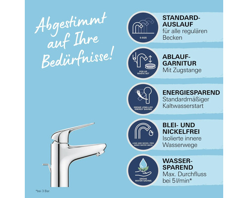 Armatur mit Informationen zu Standardauslauf, Ablaufgarnitur, Energiesparen, Blei- und Nickelfreiheit sowie Wassersparen.