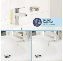 Auf einem Waschbecken sind ein Wasserhahn und ein Seifenhalter zu sehen, mit Informationen zum Ablaufgarnitur mit Zugstange.