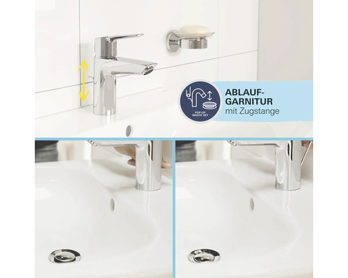 Aufputz-Waschtischarmatur mit Ablaufgarnitur und Zugstange im Badezimmer