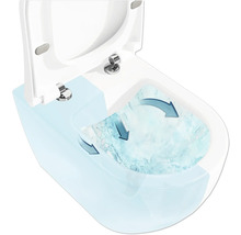 Nahaufnahme einer weißen Toilette mit offenem Deckel und Spülfunktion durch Pfeile dargestellt