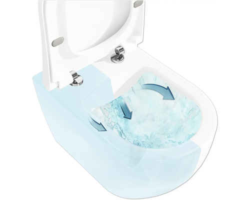 Nahaufnahme einer weißen Toilette mit offenem Deckel und Spülfunktion durch Pfeile dargestellt