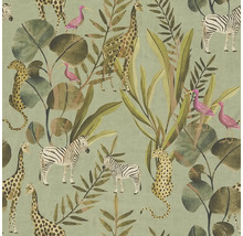 Tapete mit Dschungelmotiv, inklusive Zebras, Giraffen, Leoparden, Vögeln und tropischen Blättern