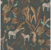 Tapete mit Dschungelmotiv, mit Abbildungen von Giraffen, Zebras, Leoparden, tropischen Vögeln und Blättern.