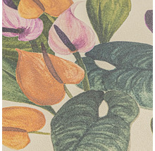 Detailansicht einer Tapete mit floralem Muster aus Anthurienblüten und Blättern