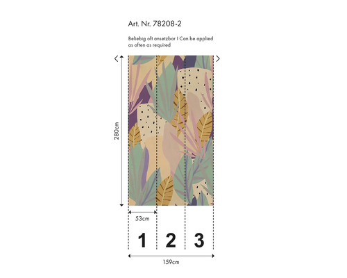 Grafik einer Tapete mit abstraktem Pflanzenmuster und Größenangaben