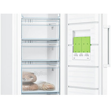 Innenansicht eines Gefrierschranks mit Schubladen und Kühlakkus in der Tür