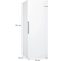 Weißer Bosch Gefrierschrank mit den Maßen 191 cm Höhe, 78 cm Tiefe und 70 cm Breite.
