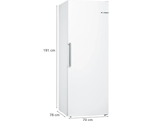 Weißer Bosch Gefrierschrank mit den Maßen 191 cm Höhe, 78 cm Tiefe und 70 cm Breite.