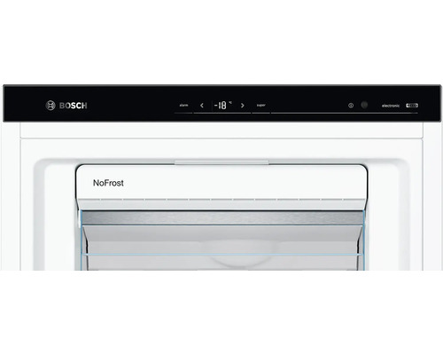 Detailansicht eines Gefrierschranks mit NoFrost-Funktion und digitaler Temperaturanzeige von Bosch