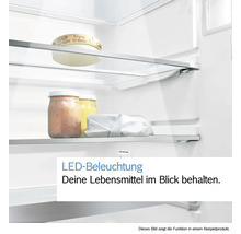Innenraum eines Kühlschranks mit LED-Beleuchtung und Lebensmitteln