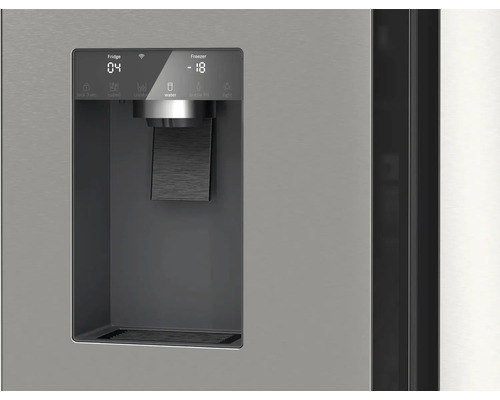 Kühlschrank mit Wasserspender und digitaler Temperaturanzeige.