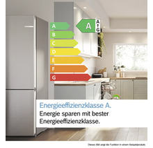 Energieeffizienzklasse A für Kühlschrank in einer modernen Küche.